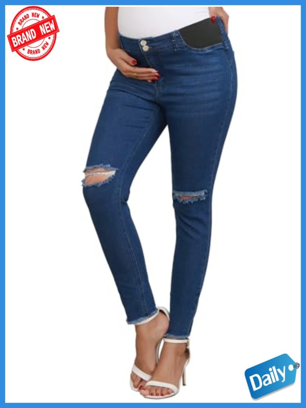 Maternity Skinny Jeans Stretchy Denim Ripped Knees Low Rise Under Belly Work
